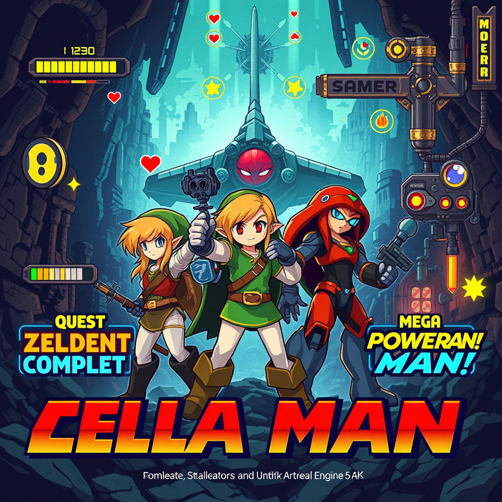 Retro Game Characters in Fantasy Landscape