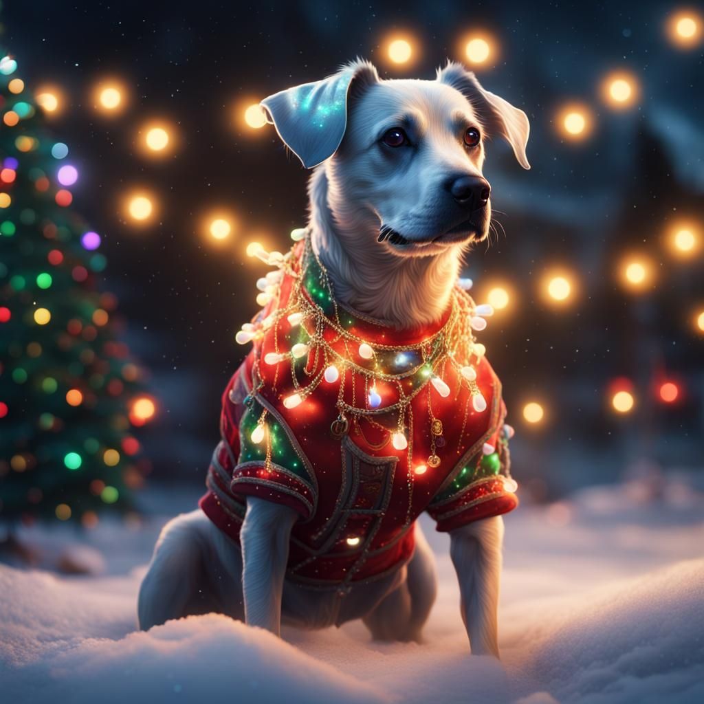 Dog Dressed in Christmas Lights: Digital Art