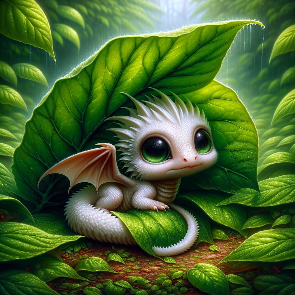 Courageous Baby Dragon Sheltering Under Leaf