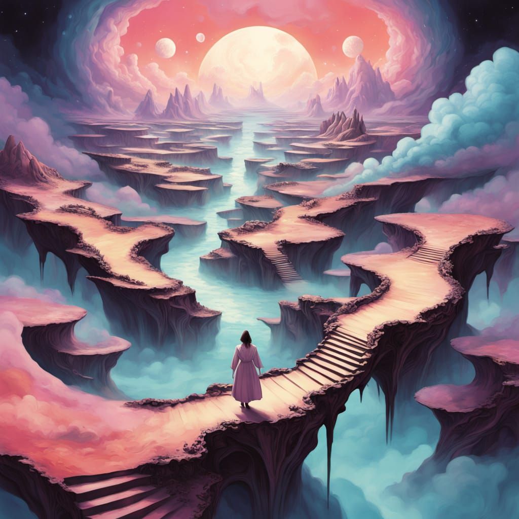 Surreal Landscape with Impossible Geometry and Escher-like S...