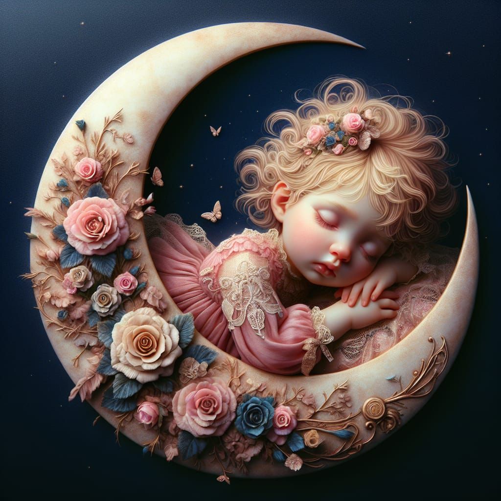 Baby Girl Sleeping on Crescent Moon in Fantasy Style