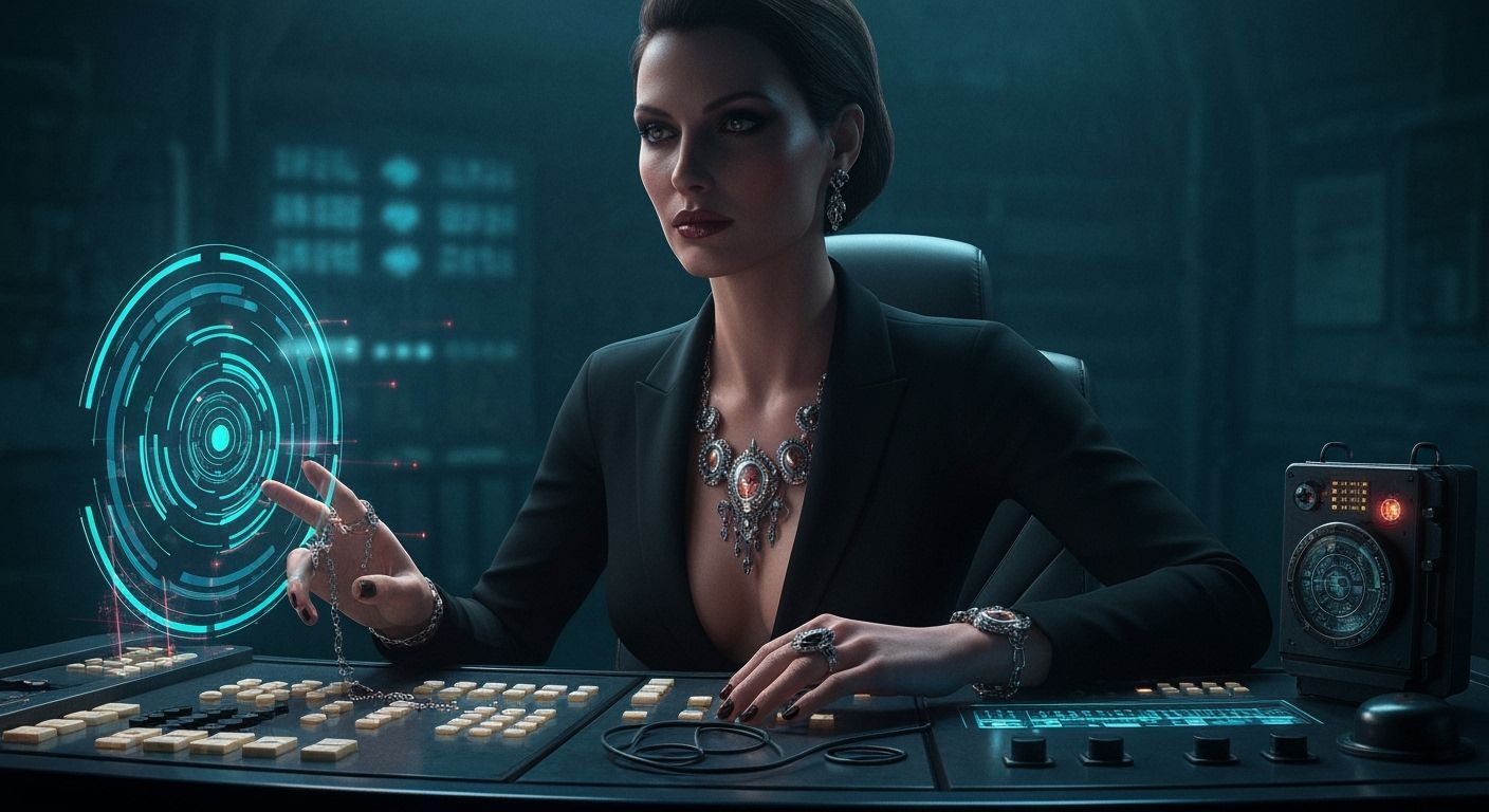Glamorous Agent in Retro-Futuristic Console, Noir Lighting