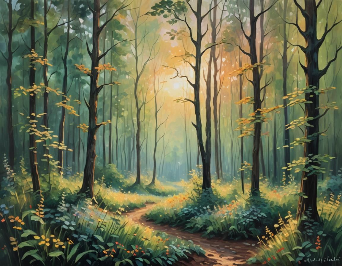 Enchanting Forest at Sunset in Impressionist Style