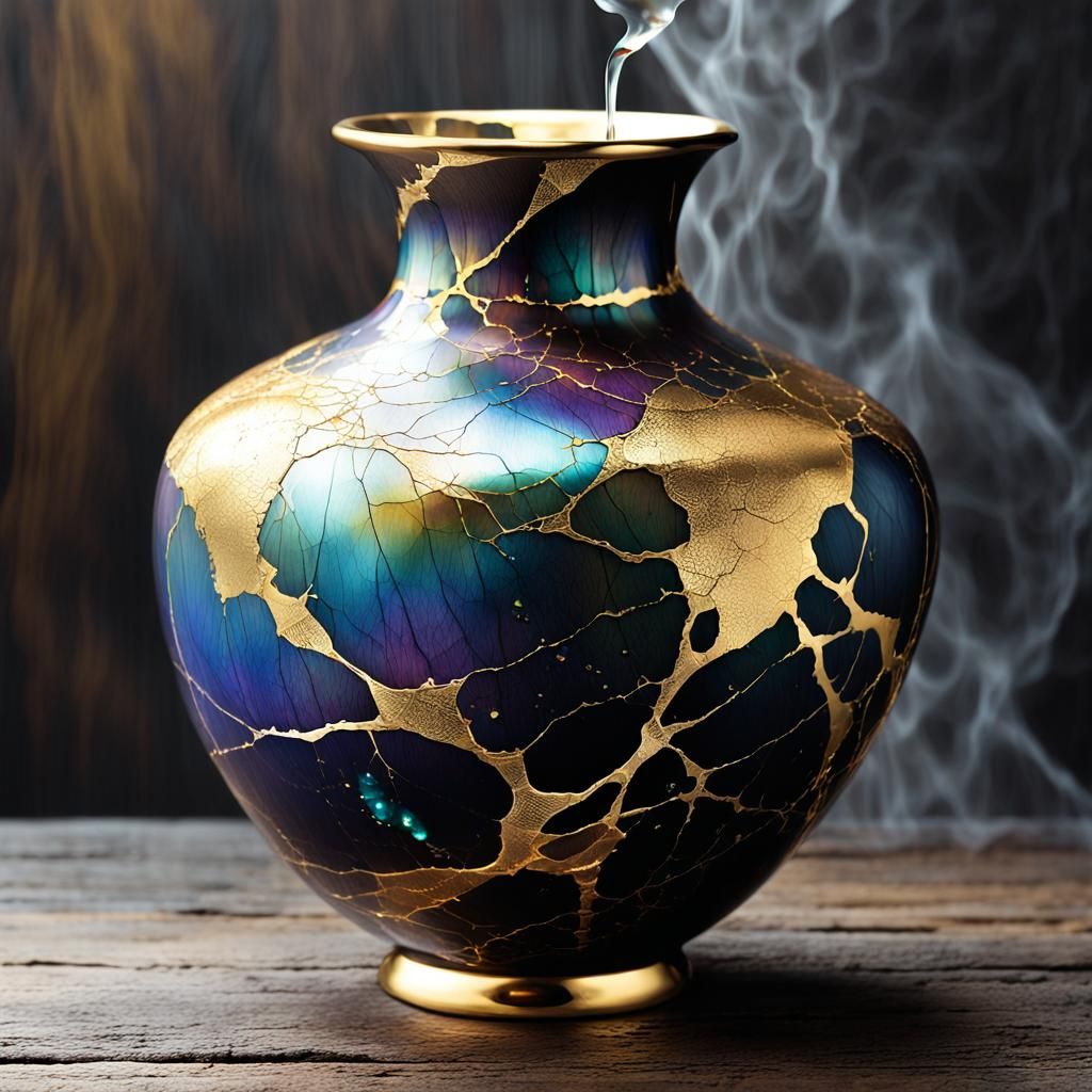 Shattered Kintsugi Vase with Iridescent Flowing Water
