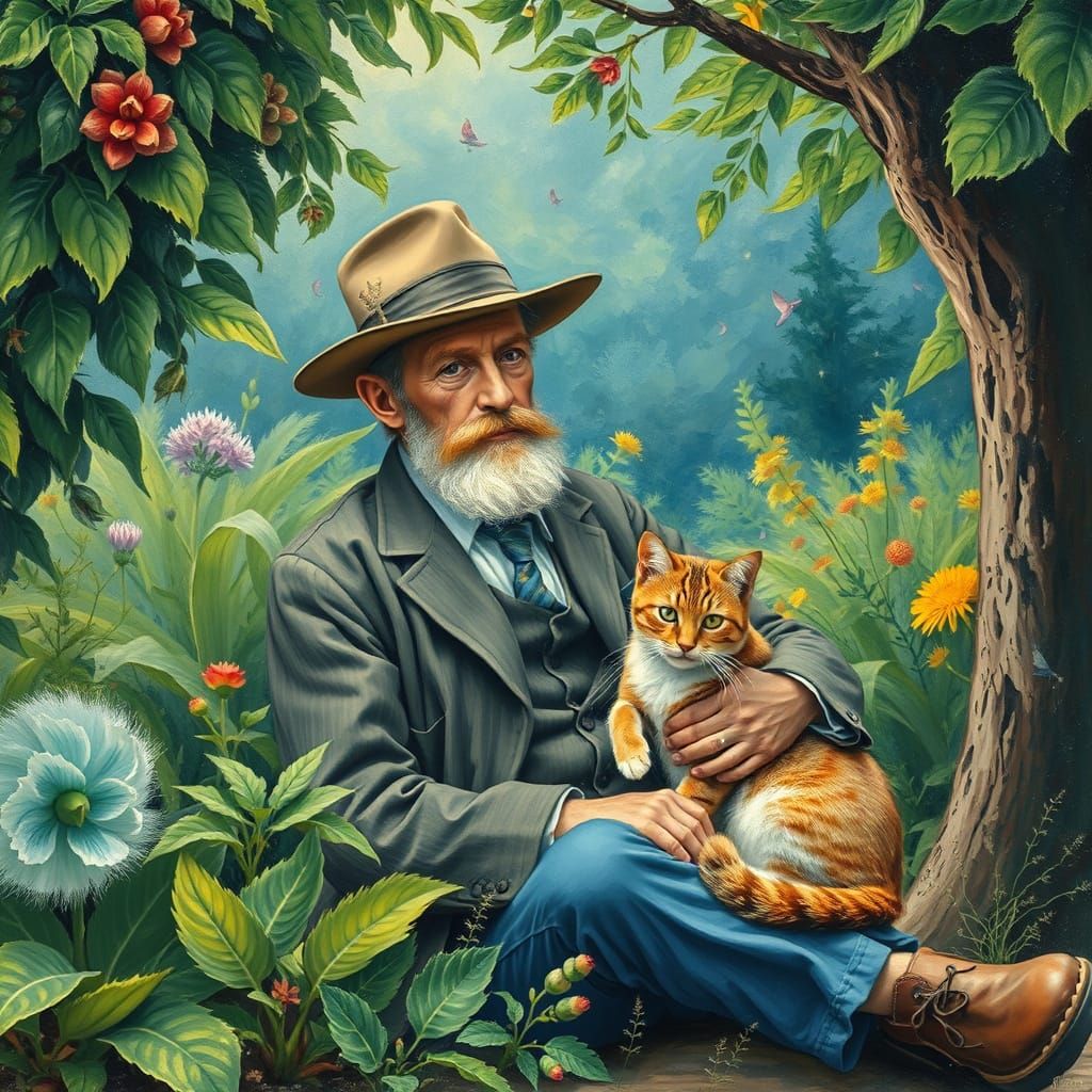 Man and Cat in Gouache Style