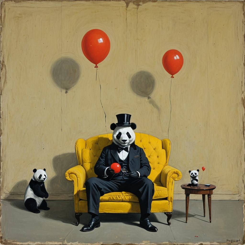 Man with Panda and Balloon: Surrealist Painting