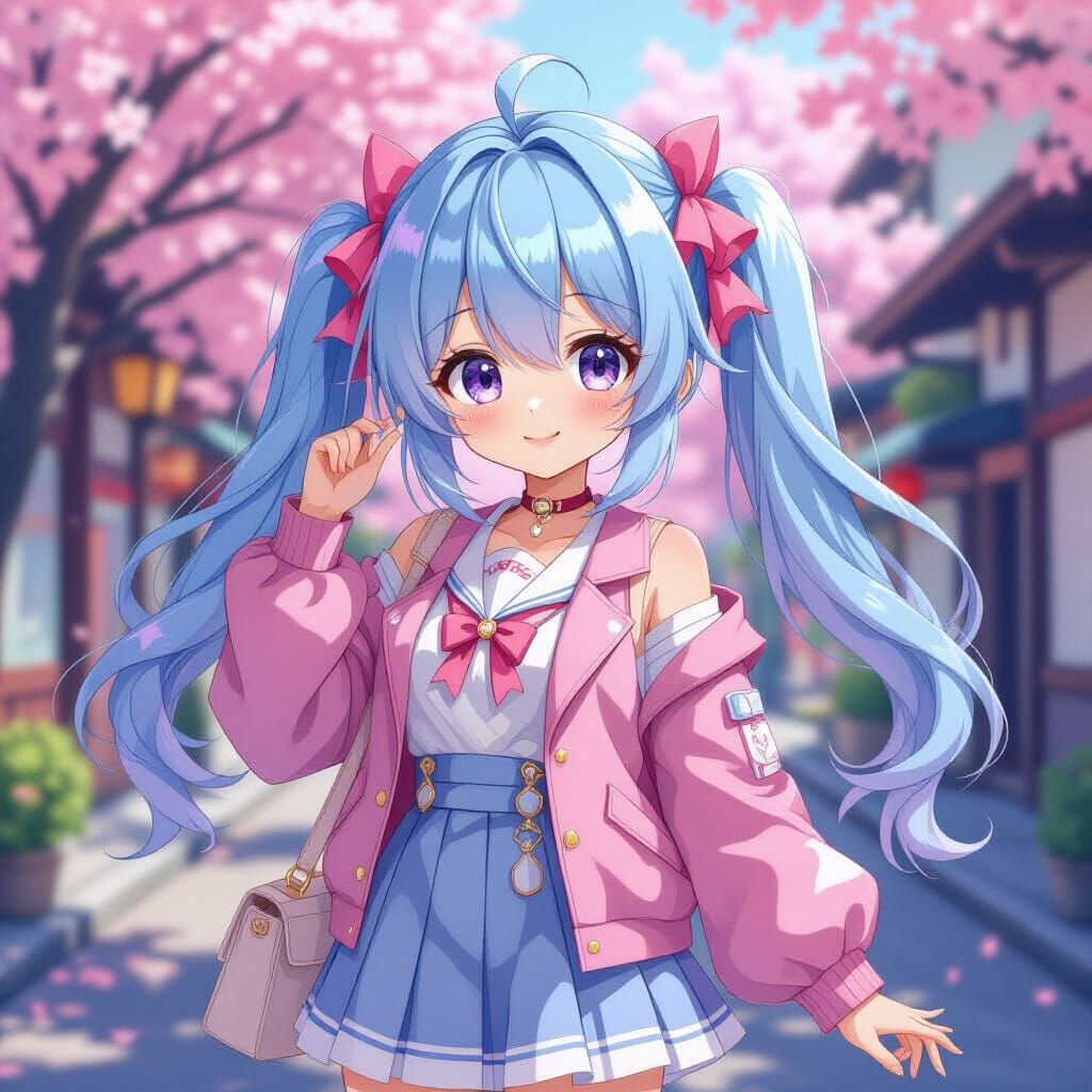 Kawaii Anime Girl in Pink and Blue