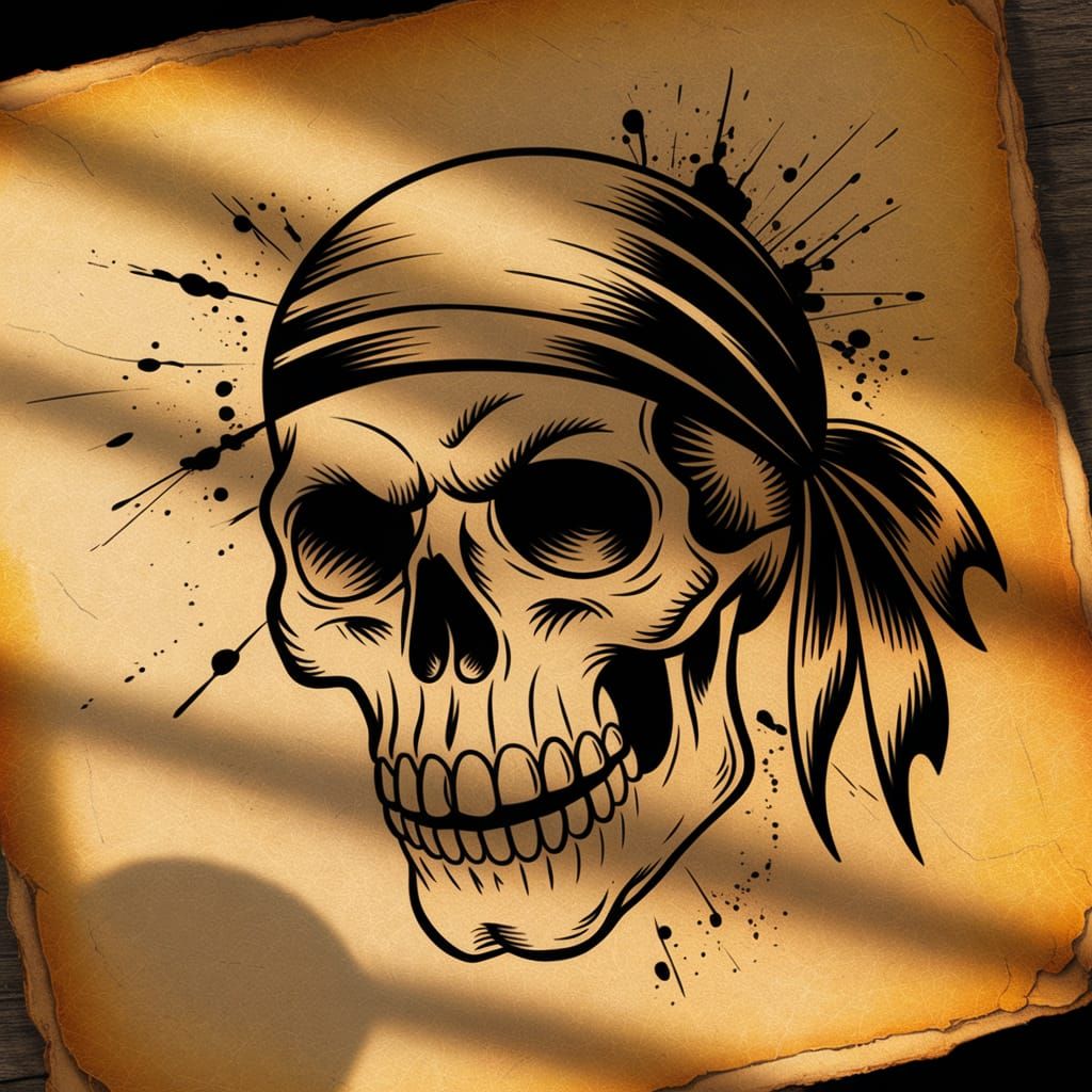 Pirate Skull Tattoo Design in Abstract Expressionist Style