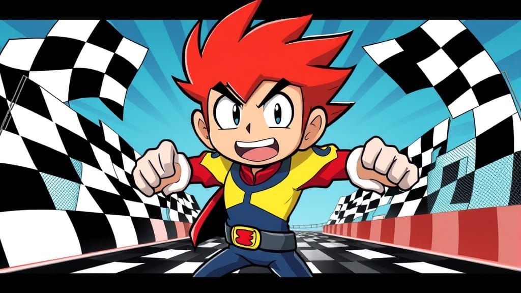 Anime Hero Mach GoGoGo on Vibrant Checkered Flag Background