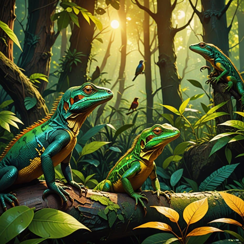 Vibrant Digital Art of Lizards Watching Birds
