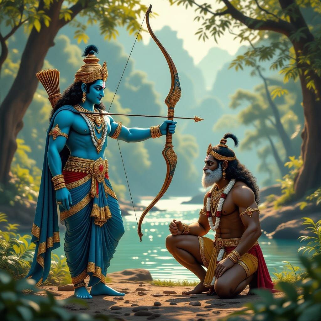 Lord Rama and Hanuman in Sacred Forest, Inspired by Syd Mead...