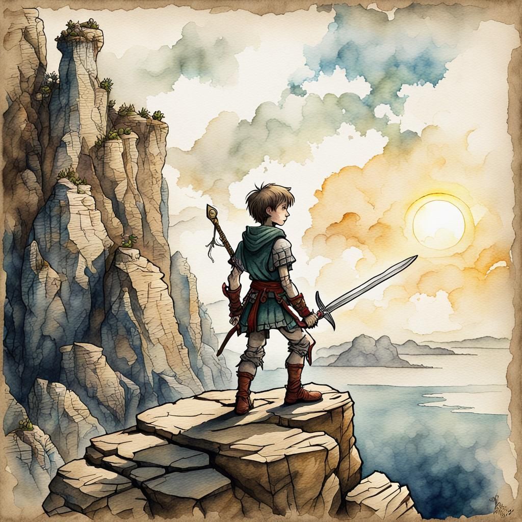 Victorious Boy on Cliff in Retro D&D Style
