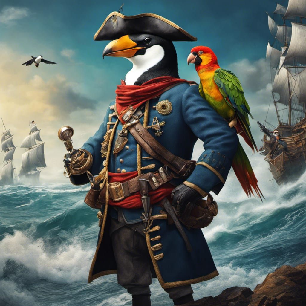Penguin Pirate on the High Seas: Hyperrealistic Splash Art