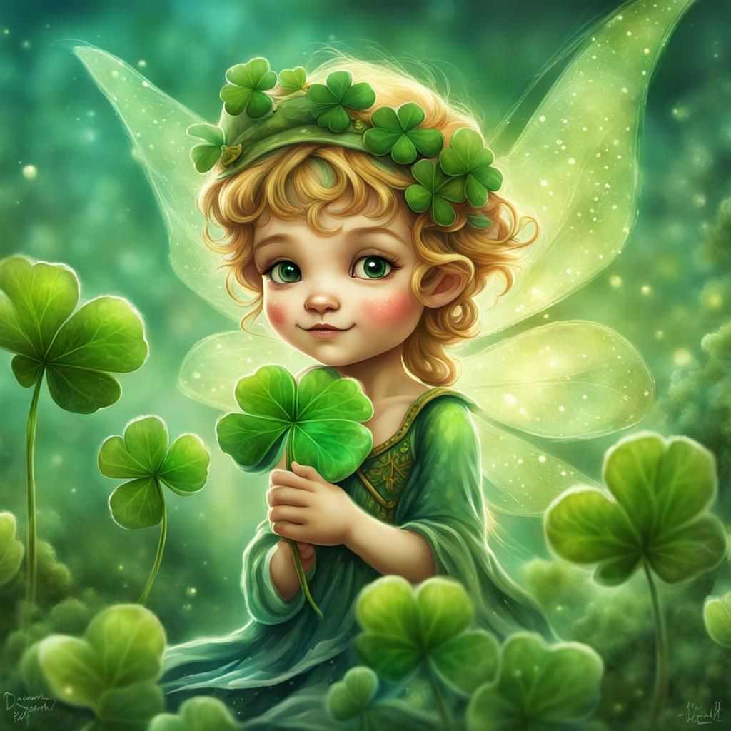 Adorable Luck Fairy Planting Clover in Watercolor Style