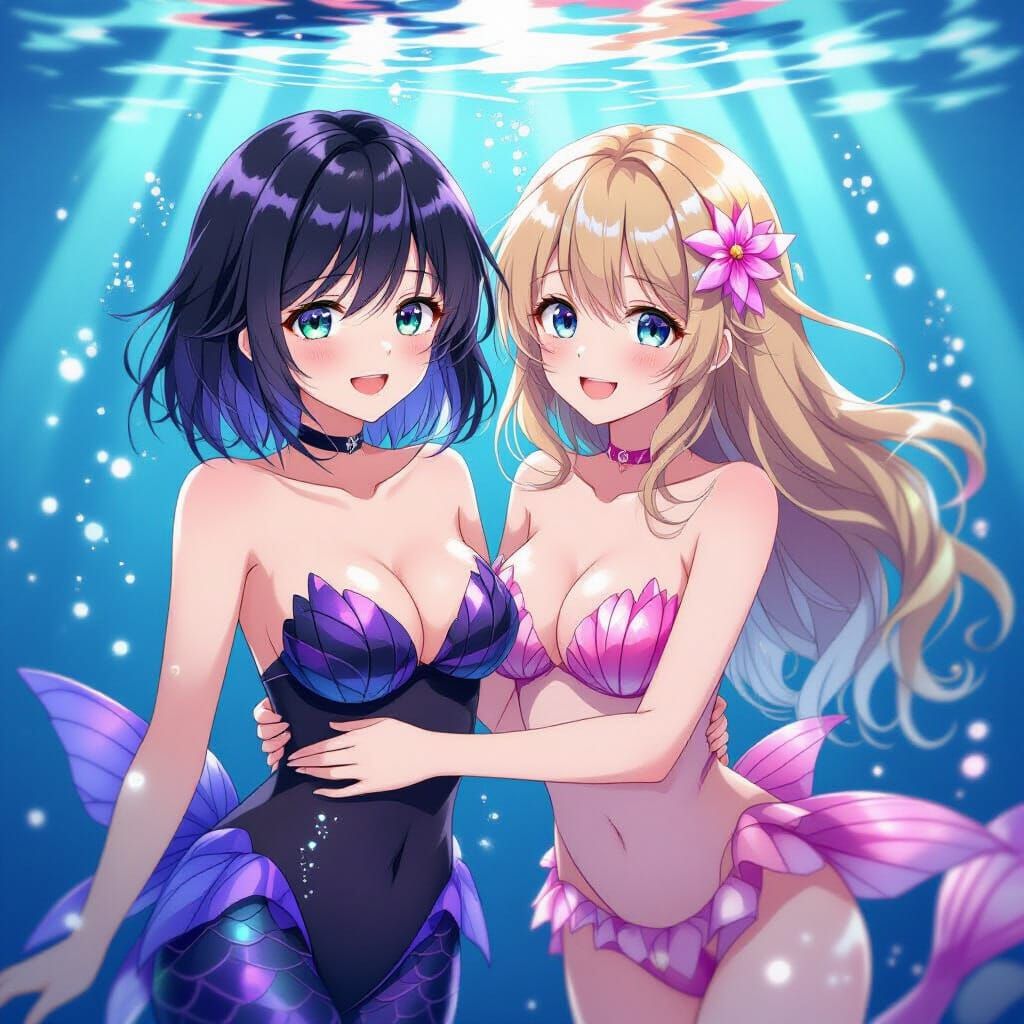 Anime Mermaid Women Embrace Underwater in Whimsical Style