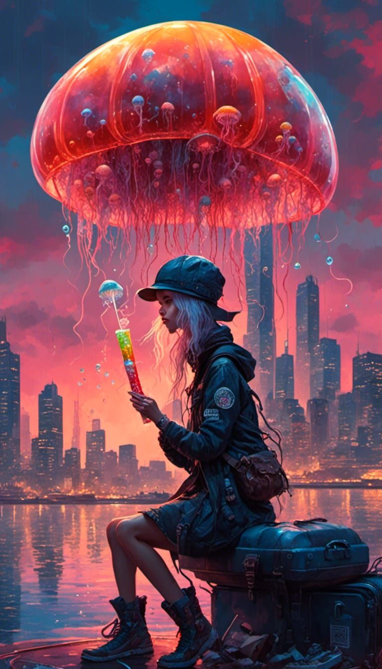 Cyberpunk Girl Enjoys Popsicle as Montreal Burns
