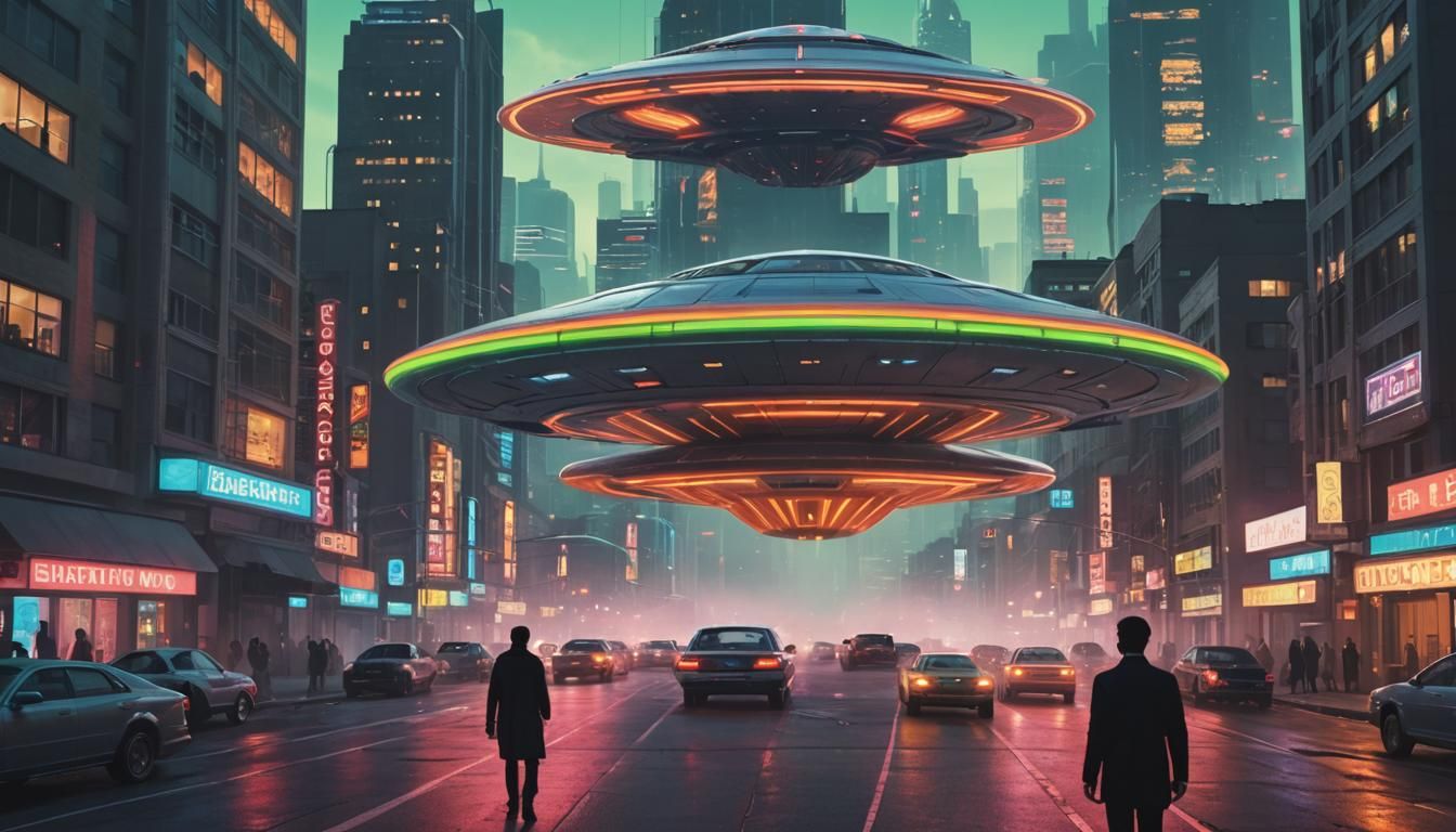 Neon Cityscape with Flying Saucers in Retro-Futuristic Style