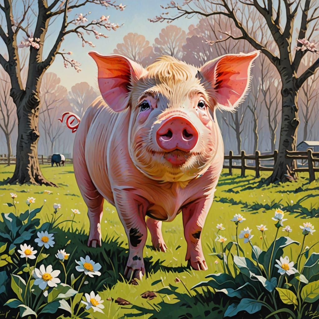 Surreal Pig in Vibrant Spring Landscape