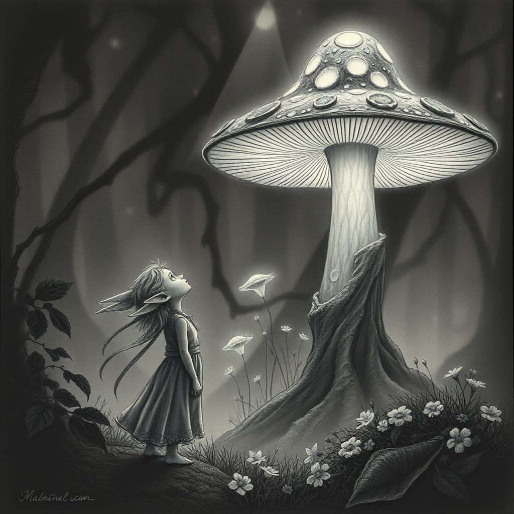 Elf Gazing at Bioluminescent Mushroom in Charcoal Style