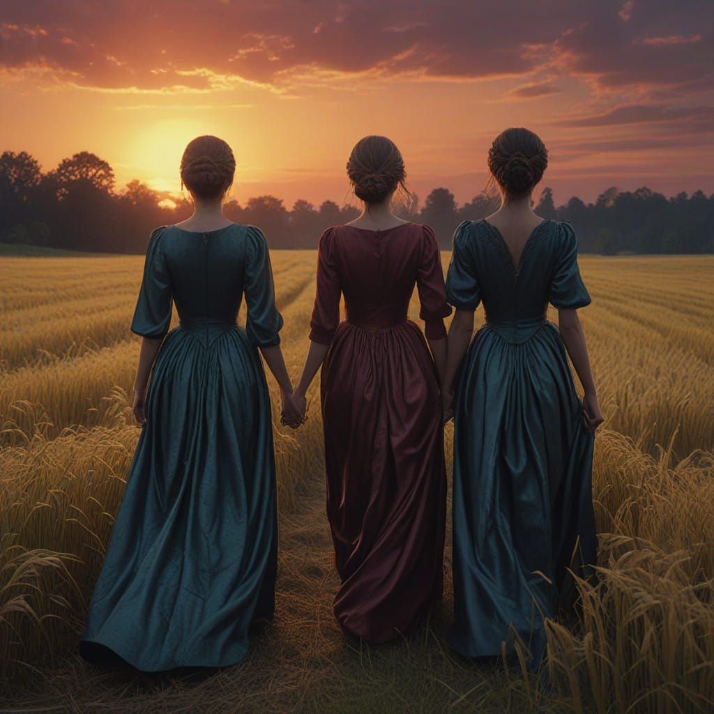 Elegant Women in a Surreal Rye Field Procession