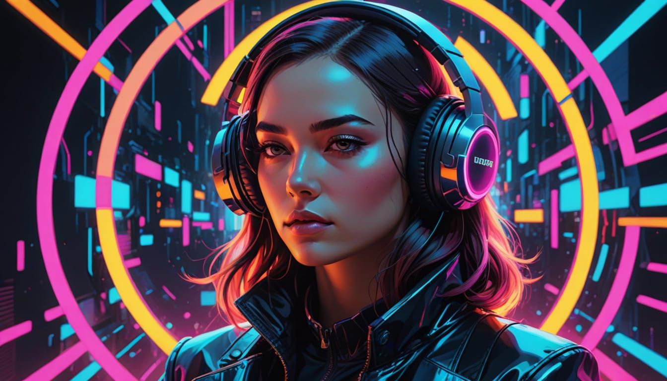 Futuristic Girl in Neon Pop Art Landscape