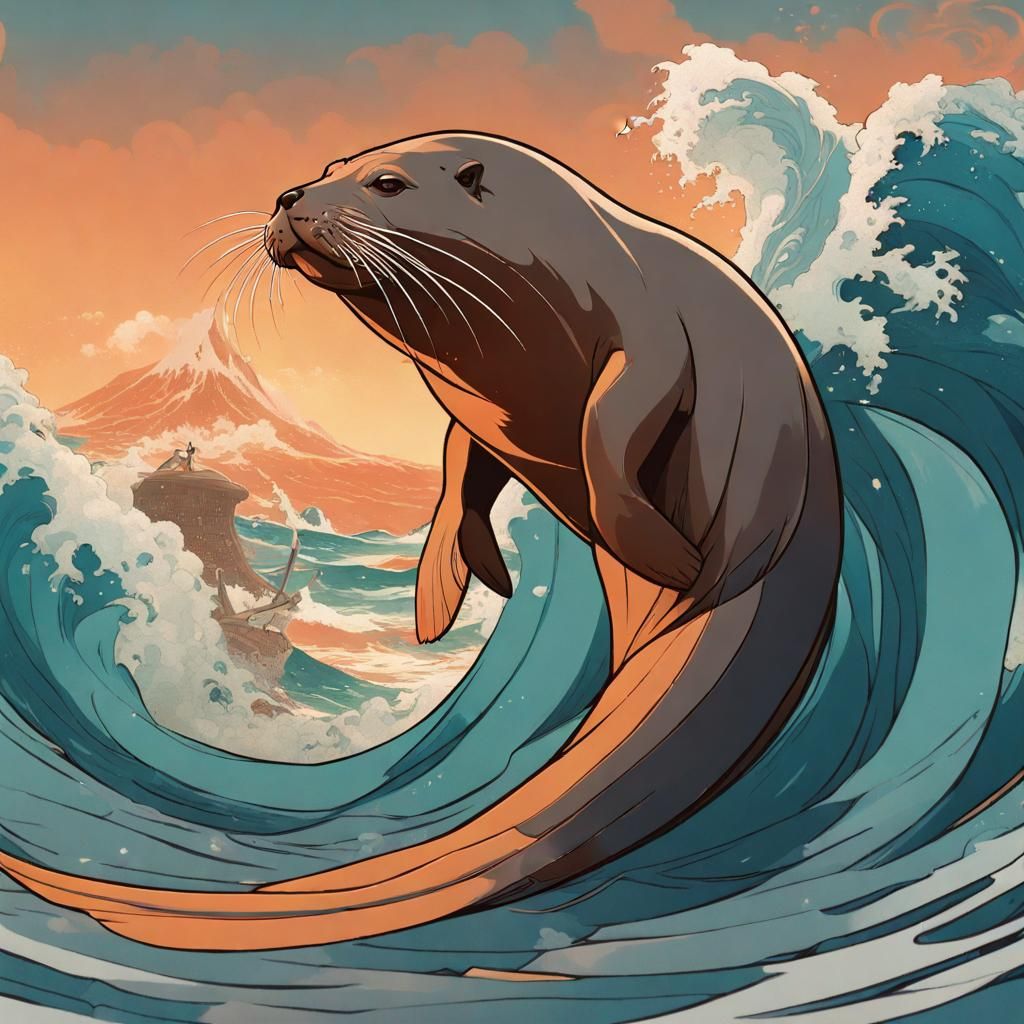 Sea Lion in Hokusai Wave Style, Detailed 8K