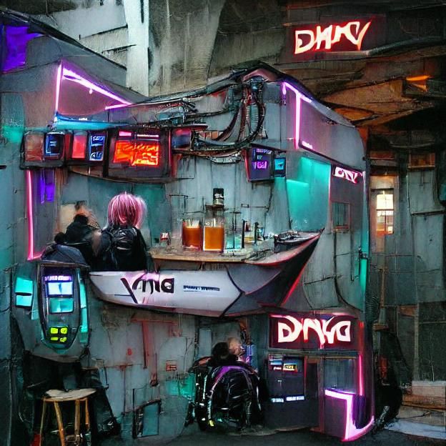 Cyberpunk Bar Scene with Neon Lights