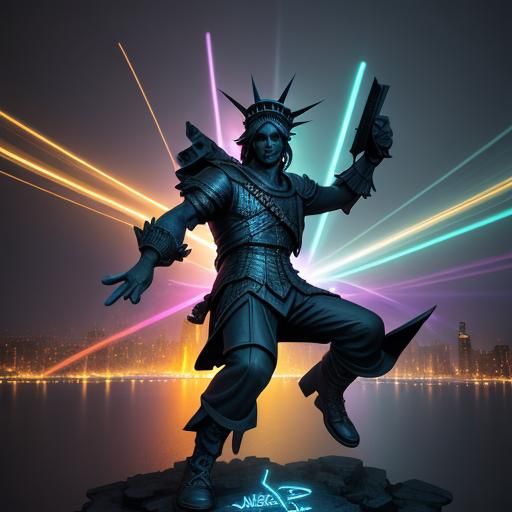 Statue of Liberty Breakdancing in Neon Cityscape