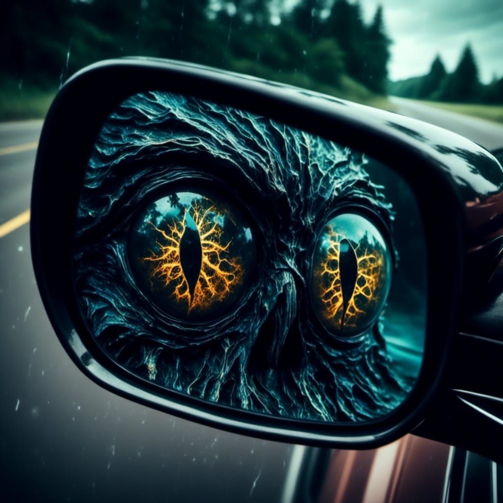 Ethereal Eyes Reflected: A Macabre Car Mirror Scene