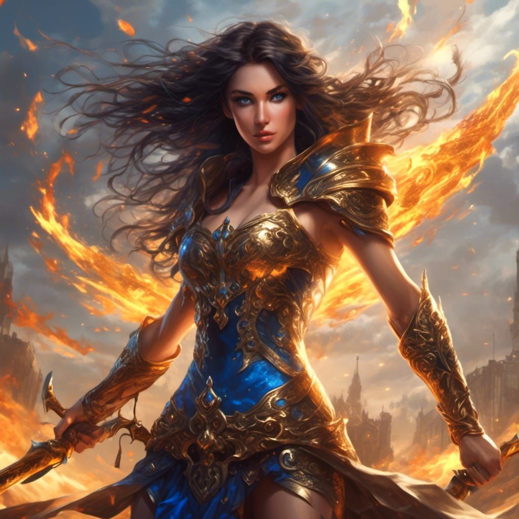 Beautiful Warrior Woman with Sword on Battlefield