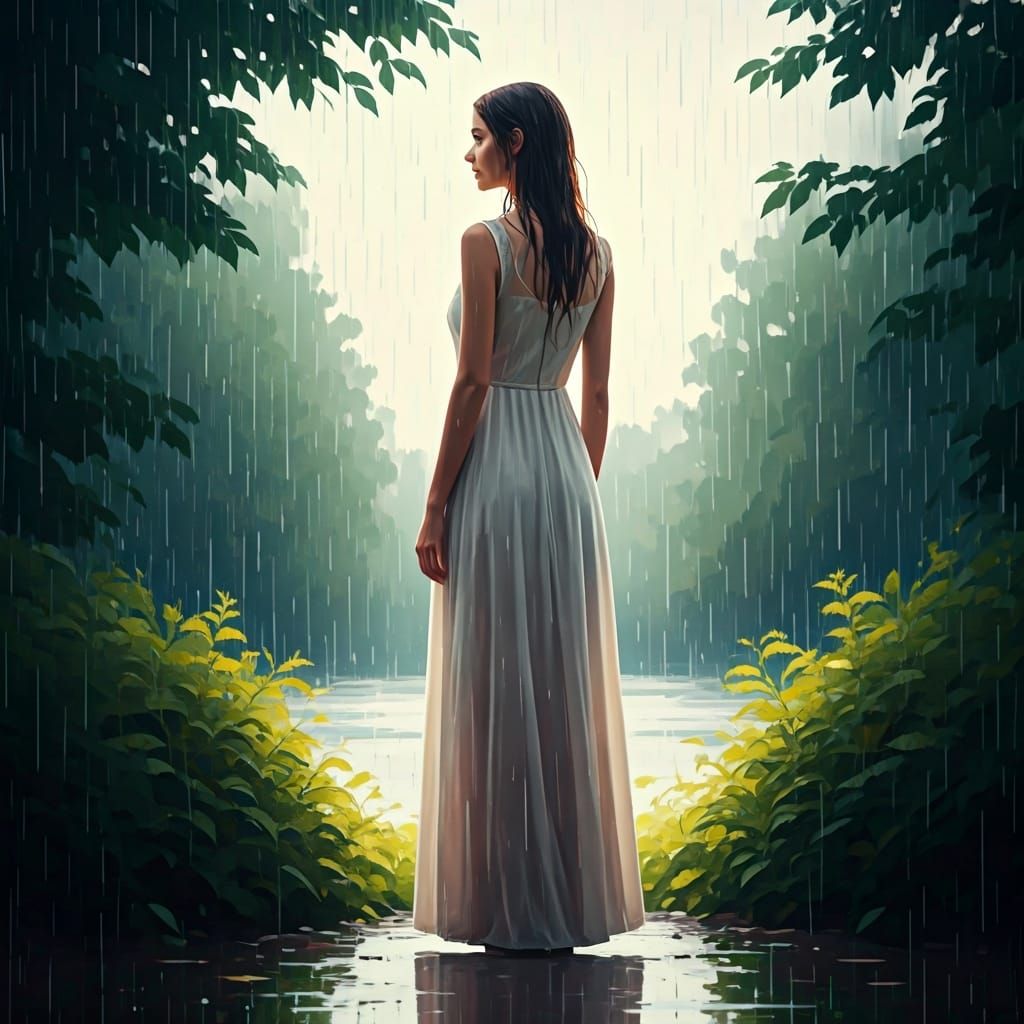 Ethereal Woman in Summer Rain, Impressionistic Style