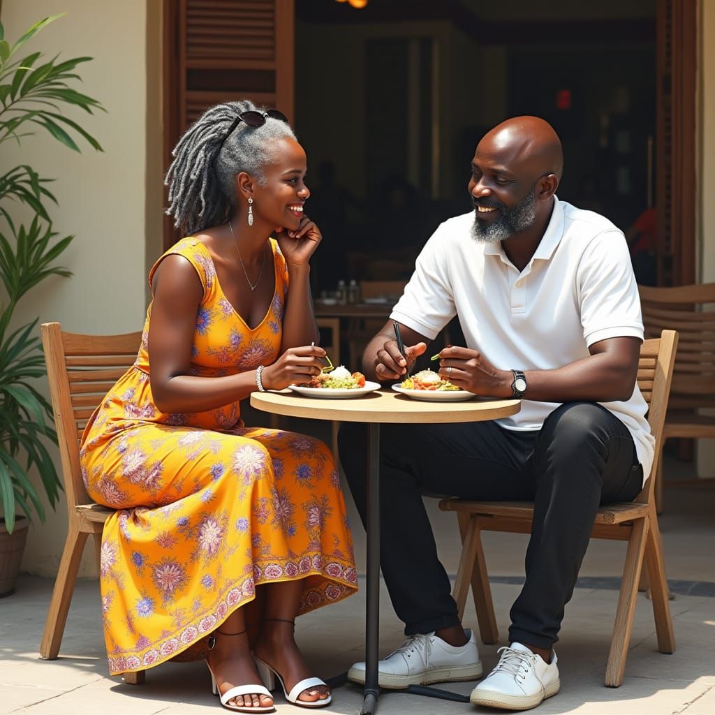 Tanzanian Couple Savoring a Meal in Vibrant Colors