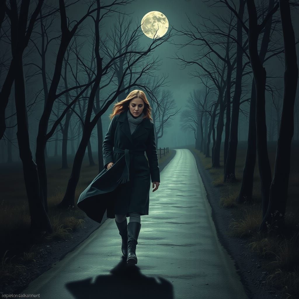 Woman Walks Beside Man on Moonlit Path in Haunting Caravaggi...