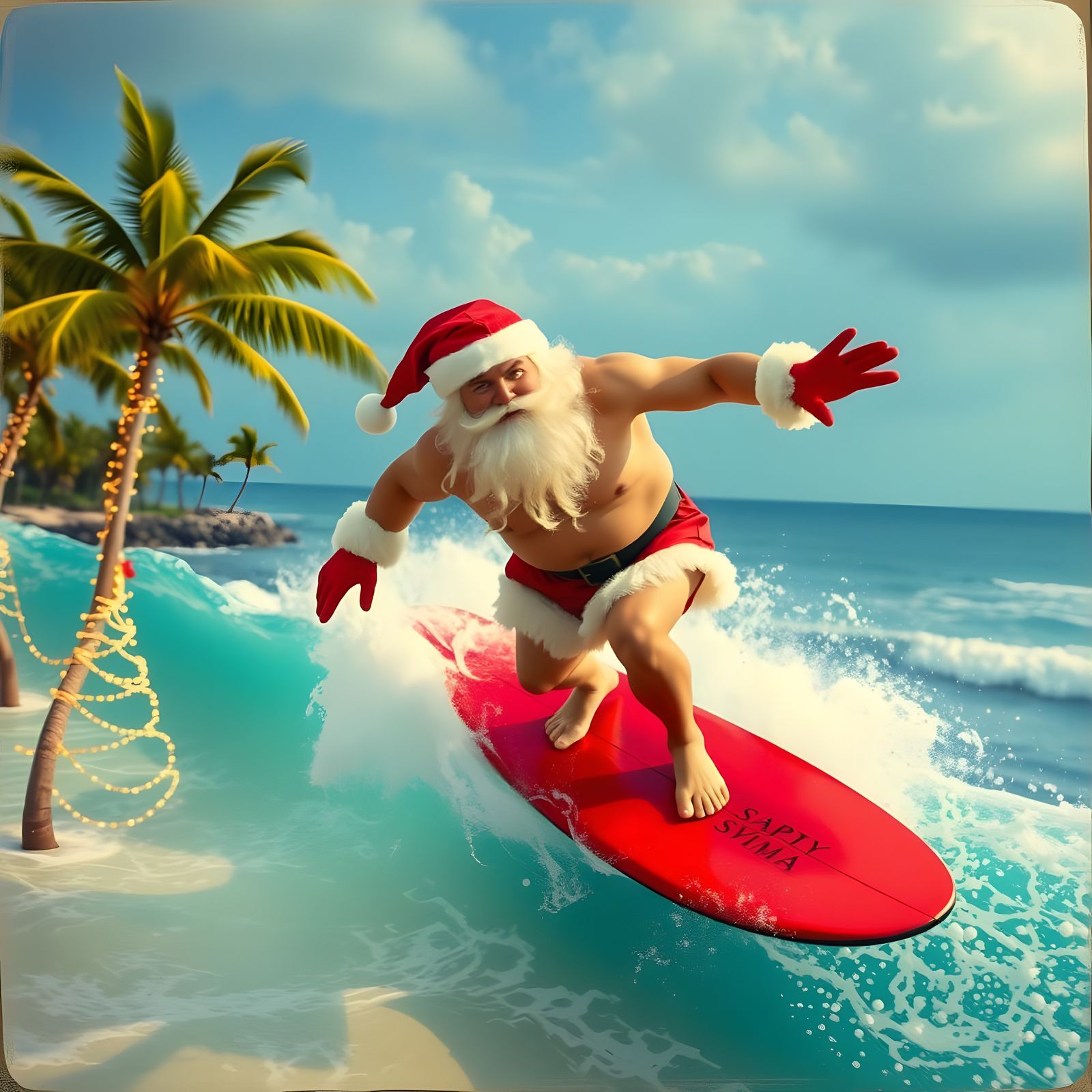 Jolly Santa Surfs Tropical Beach in Festive Style