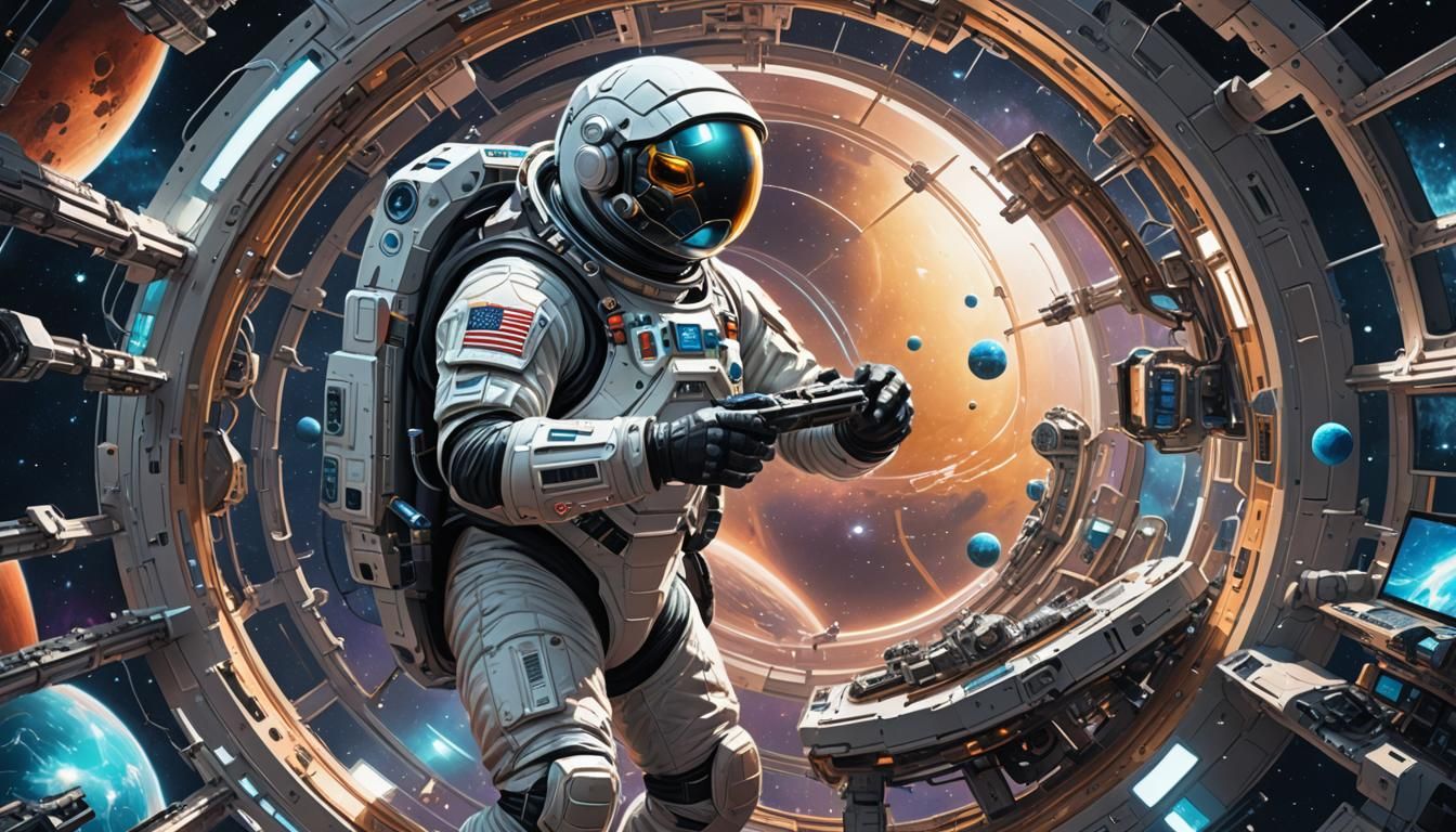 Futuristic Space Turtle Working on Space Station