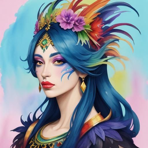 Dragon Woman with Rainbow Skin in Gouache Style