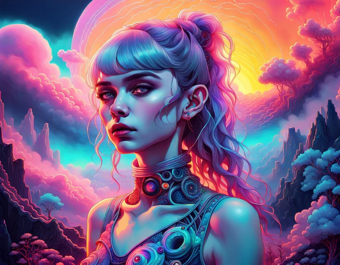 Ethereal Synthwave Landscape with Abstract Fractal Elements