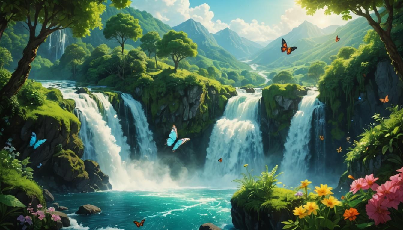 Fairytale Paradise: Majestic Waterfall with Butterflies