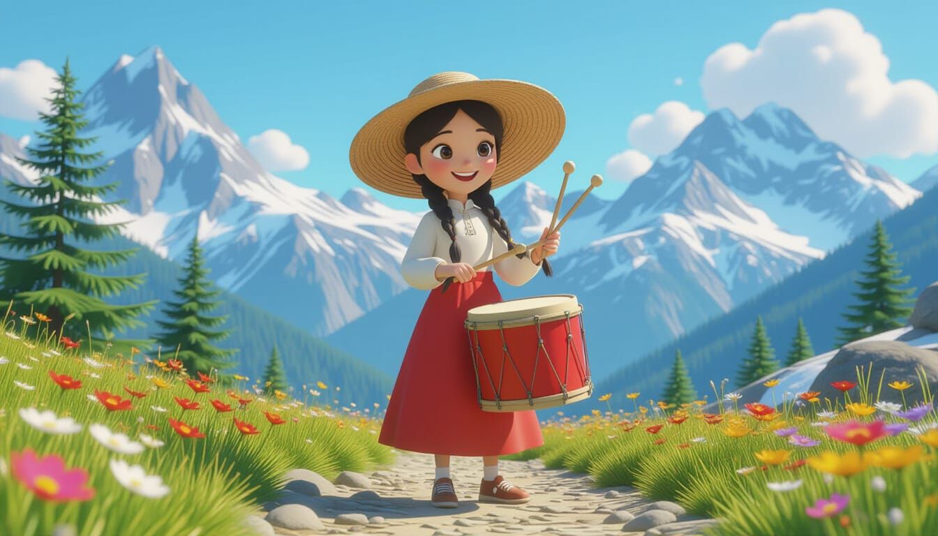 Cartoon Girl Druming on Mountain Path in 3D Style