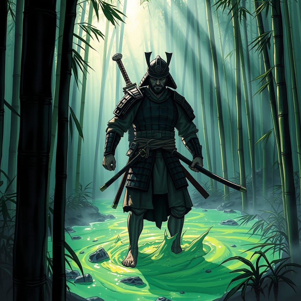 Samurai Warrior Trapped in Glowing Slime, Bamboo Forest