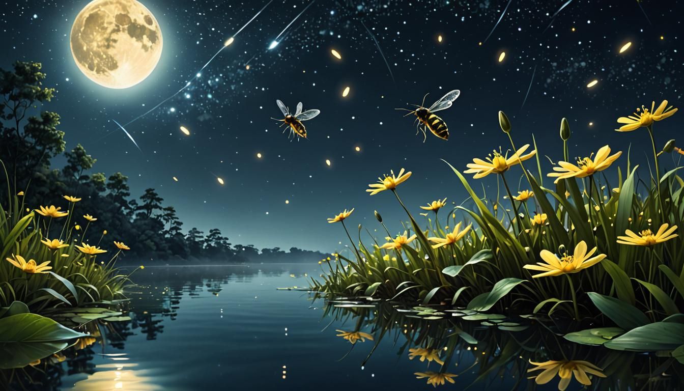Fireflies Shimmering in Moonlit Night Illustration