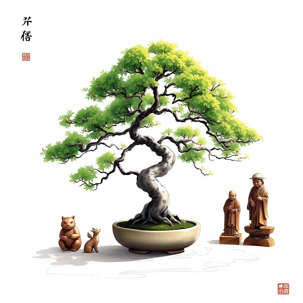 Bonsai Tree with Carved Figures in Sumi-e Style