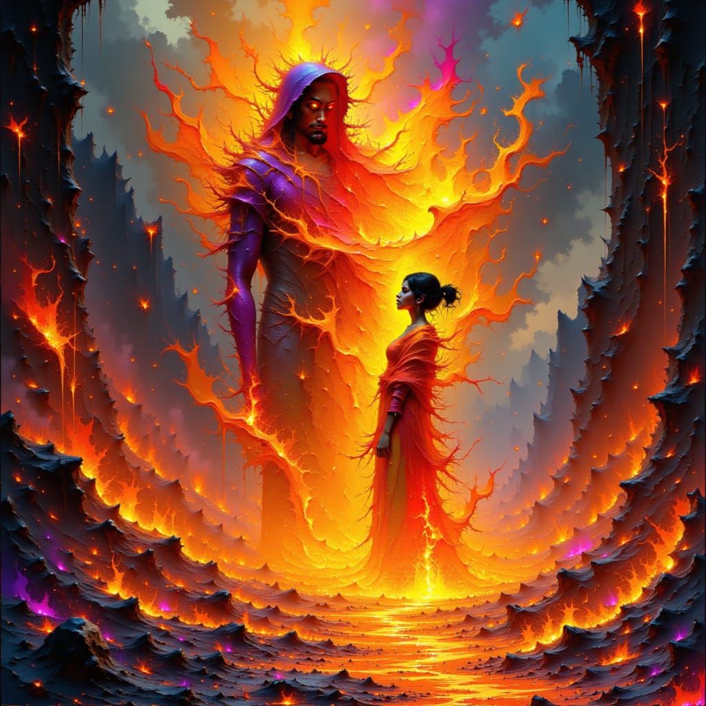 Dynamic Fire Elemental with Dancing Figures in Lava