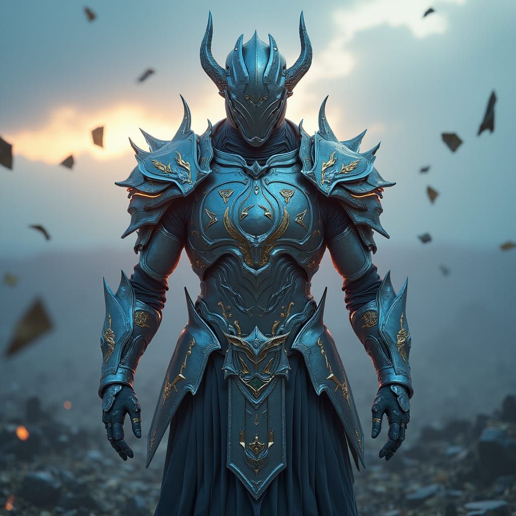 Futuristic Warrior in Gleaming Armor on Battlefield