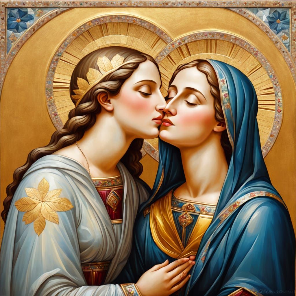 Lesbian Couple Kissing in Byzantine Icon Style