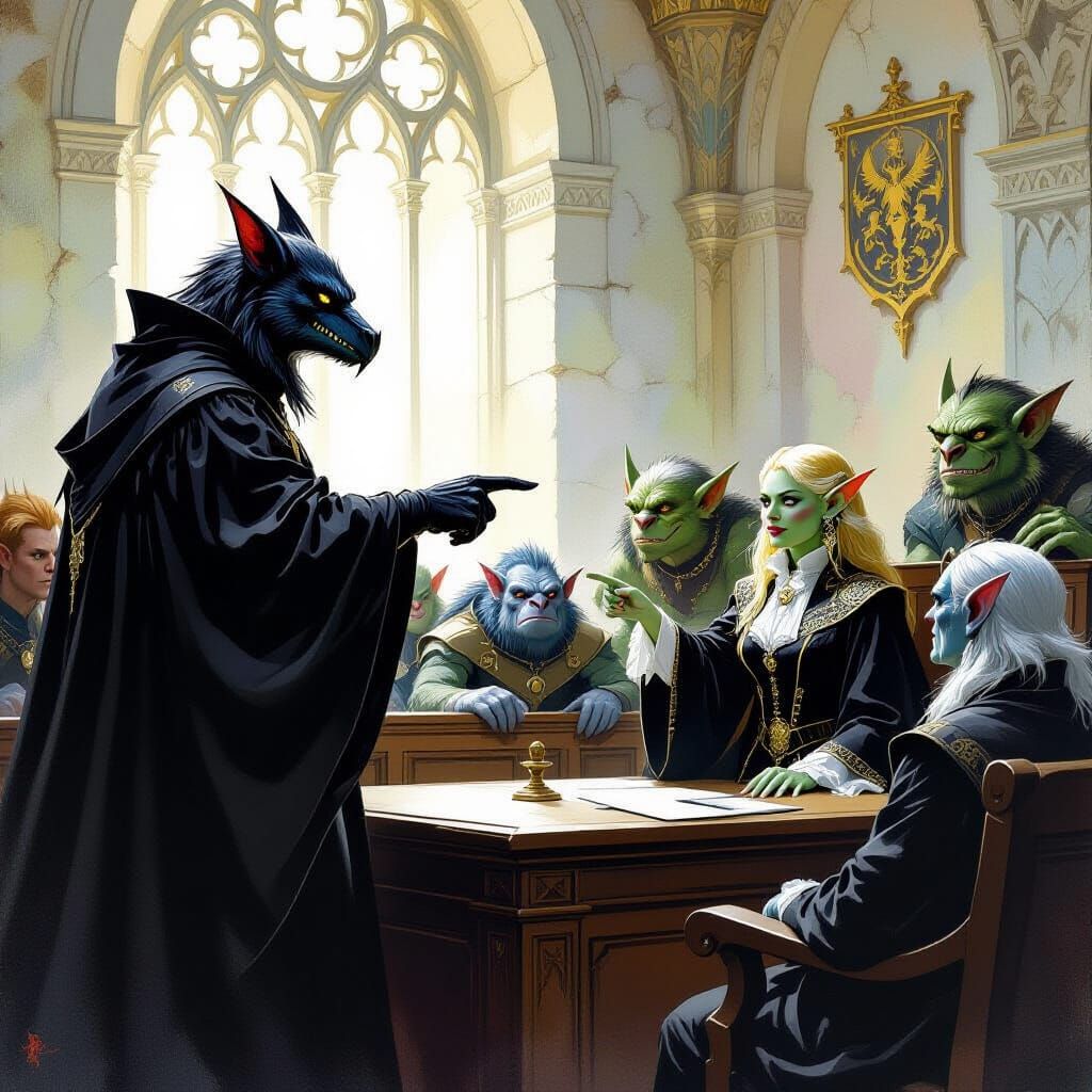 Dragon Judge Oversees Fantasy Courtroom Scene