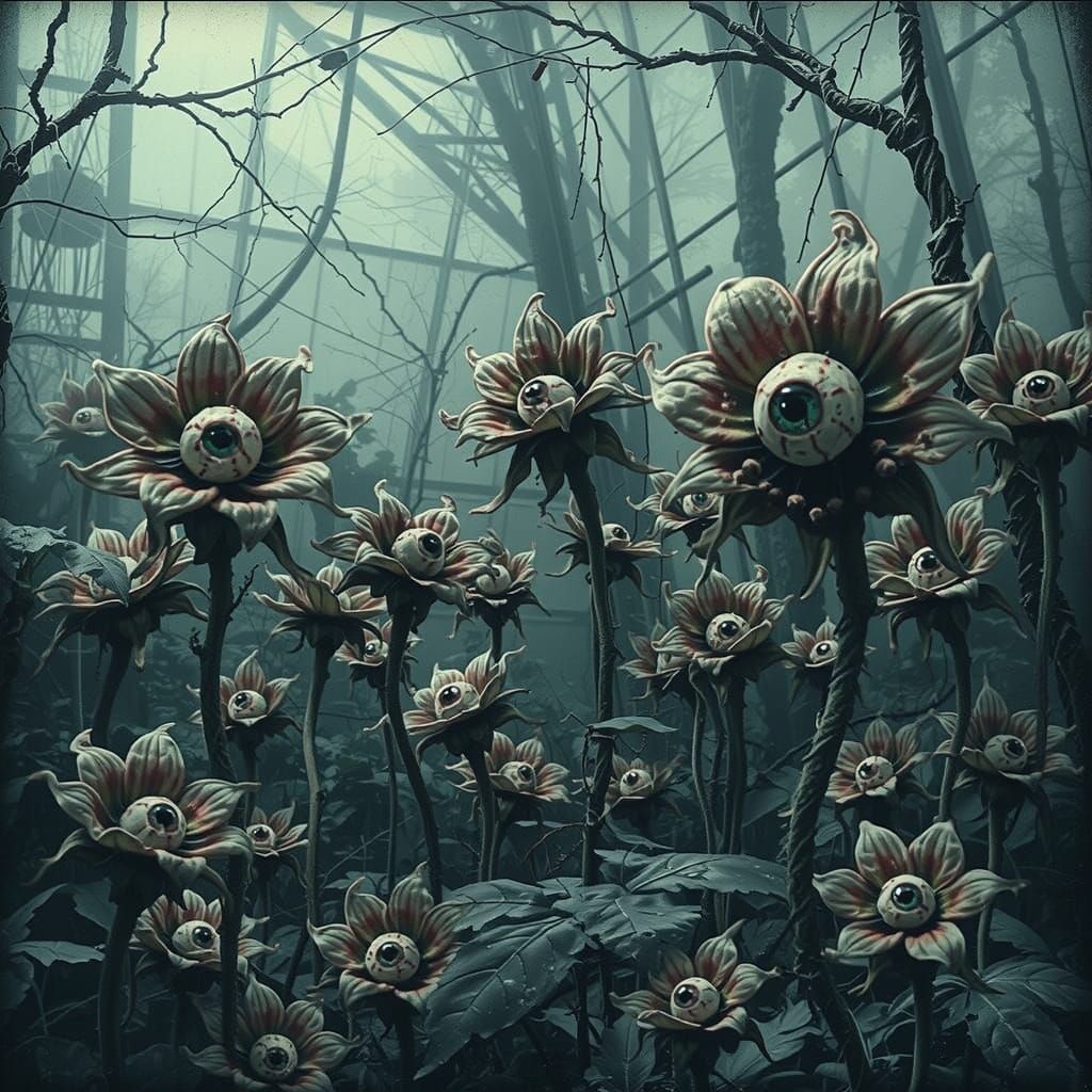 Creepy Eyeball Flowers in Overgrown Greenhouse