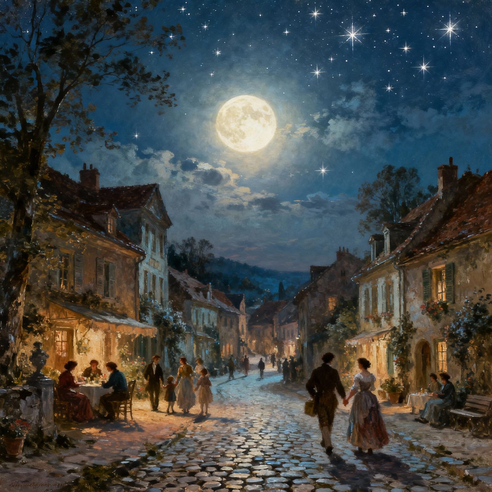 Peaceful 1800s Village Under Sparkling Moonlit Sky