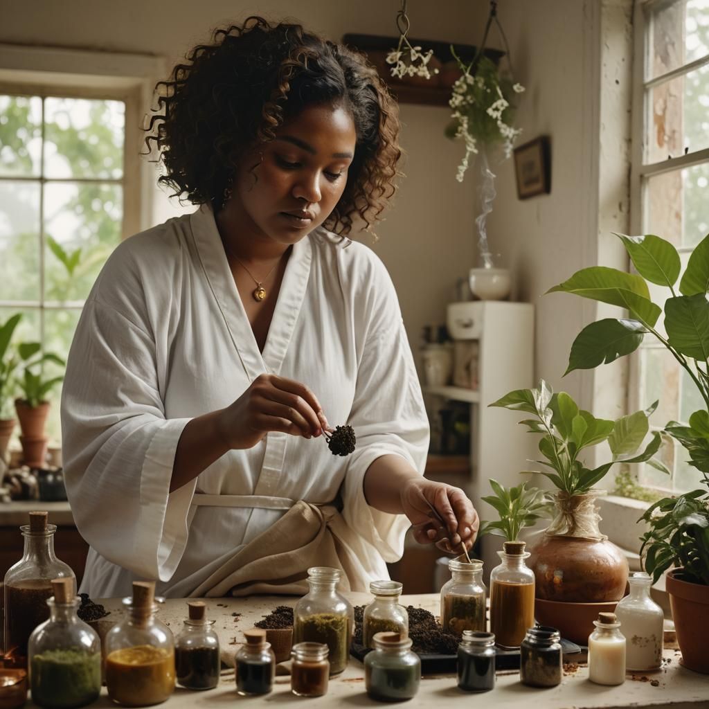Caribbean Woman Mixing Potions in Cinematic Still