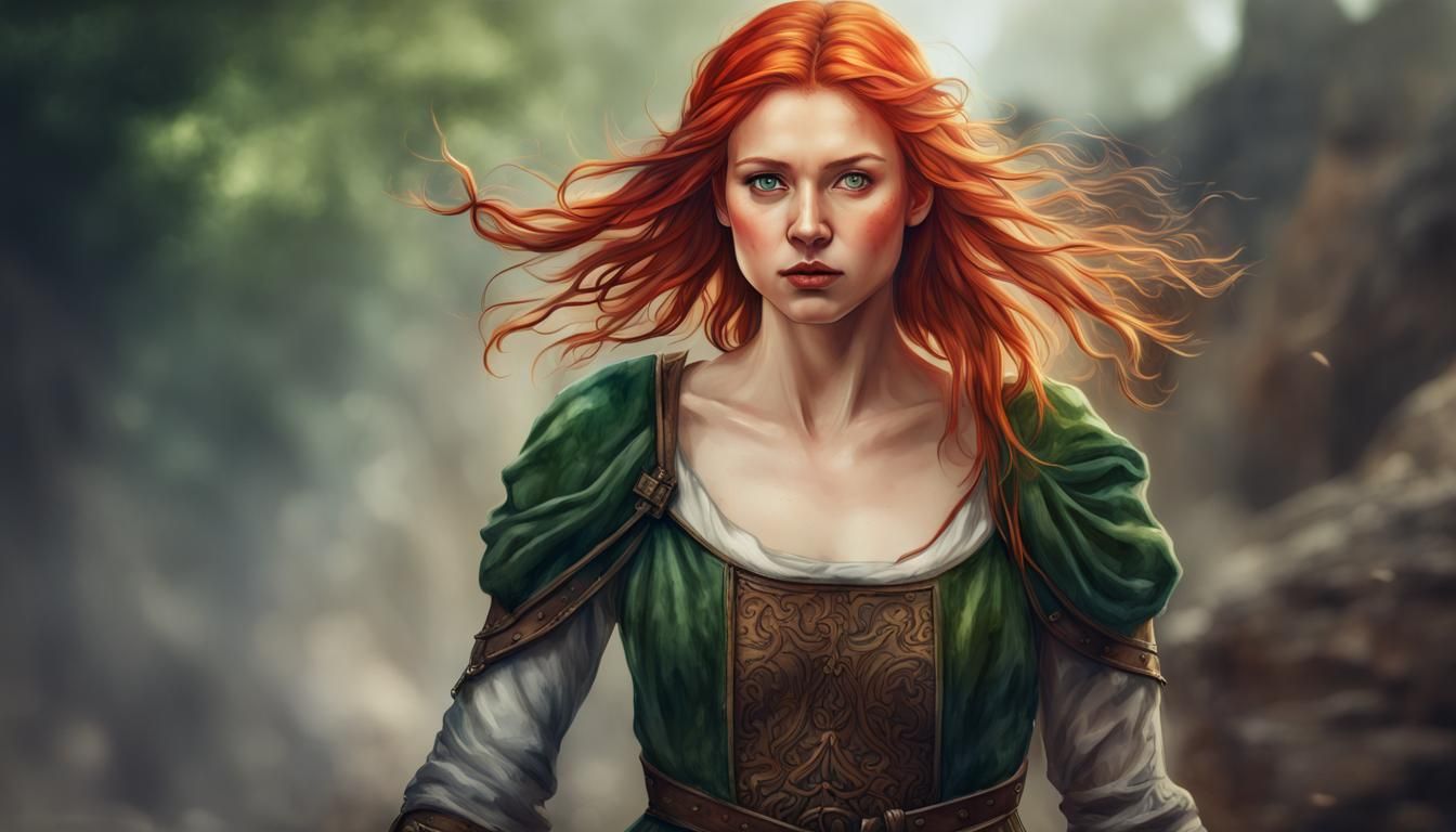 Scarlet-Haired Woman in Medieval Battle, Watercolor Style